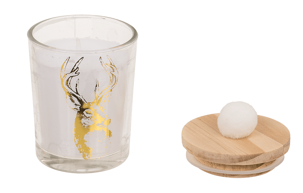 Candle in glass, with wooden lid & pompom,