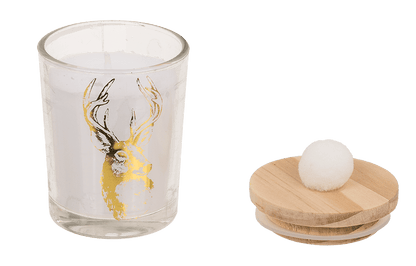 Candle in glass, with wooden lid & pompom,