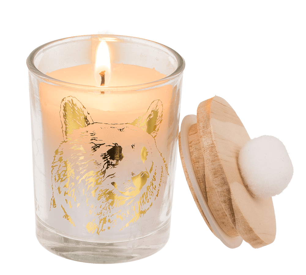 Candle in glass, with wooden lid & pompom,