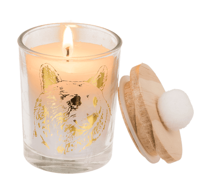 Candle in glass, with wooden lid & pompom,
