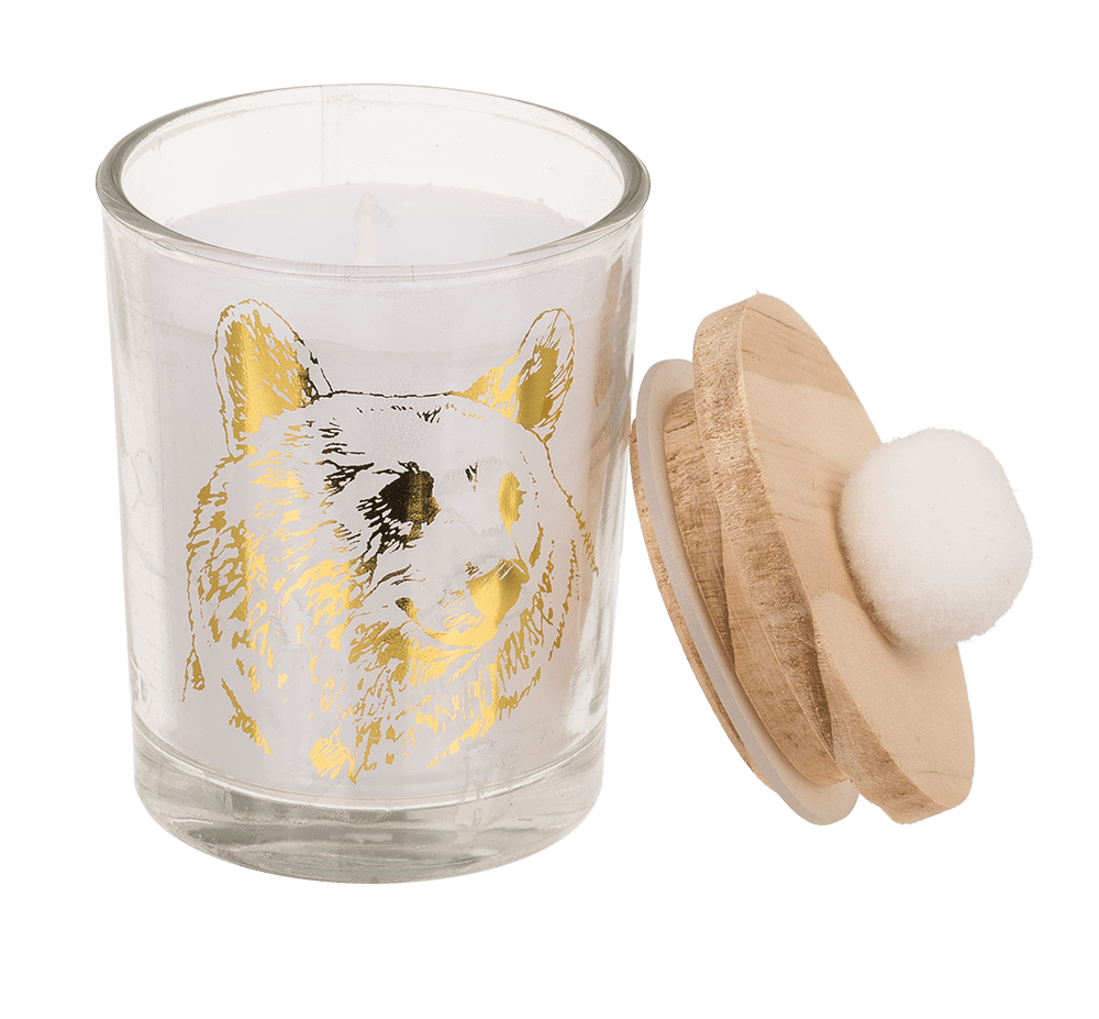 Candle in glass, with wooden lid & pompom,