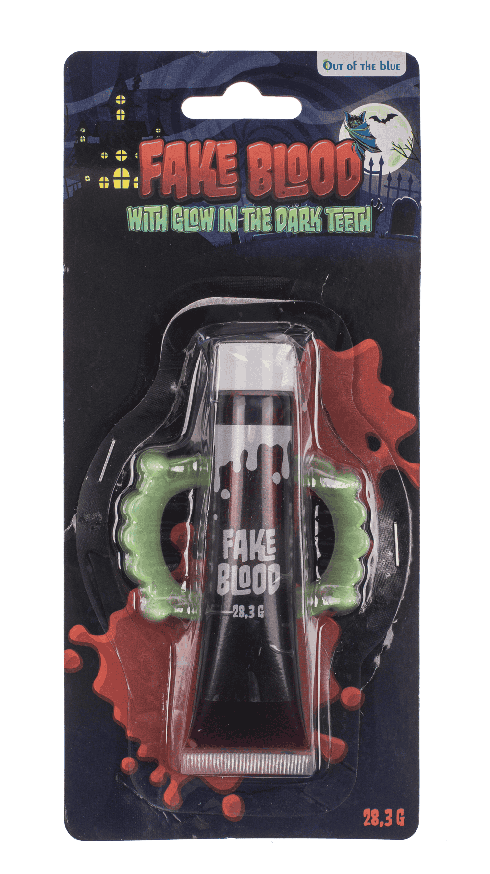 Fake blood with glow in the dark teeth,