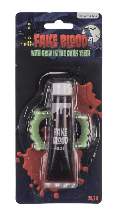 Fake blood with glow in the dark teeth,