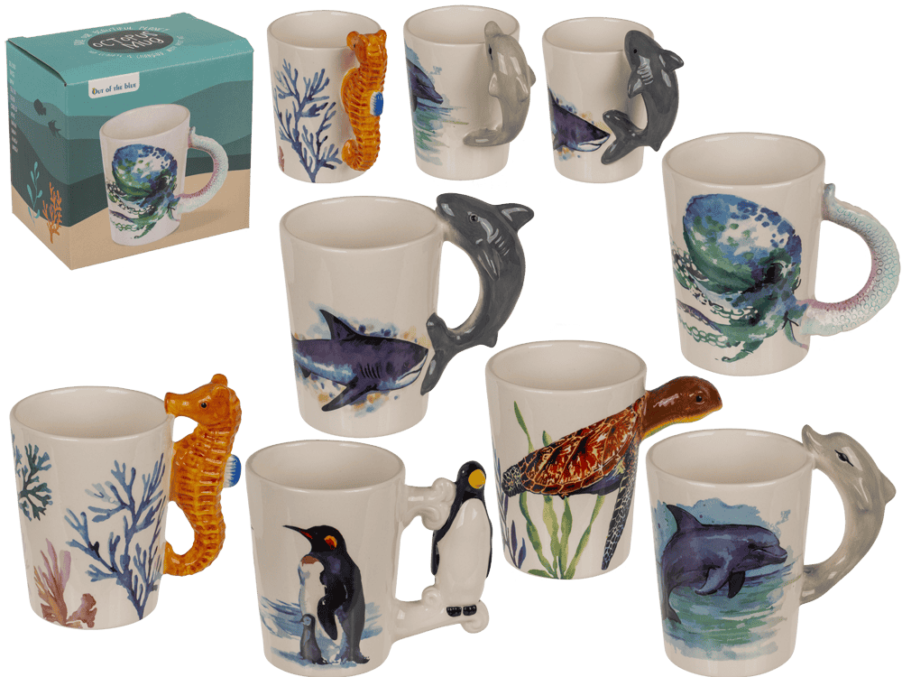 9802_000.png Set van 6 kleurrijke mokken met zeedieren-handvatten, inclusief zeepaardje, dolfijn en pinguïn. 12 stuks in totaal.