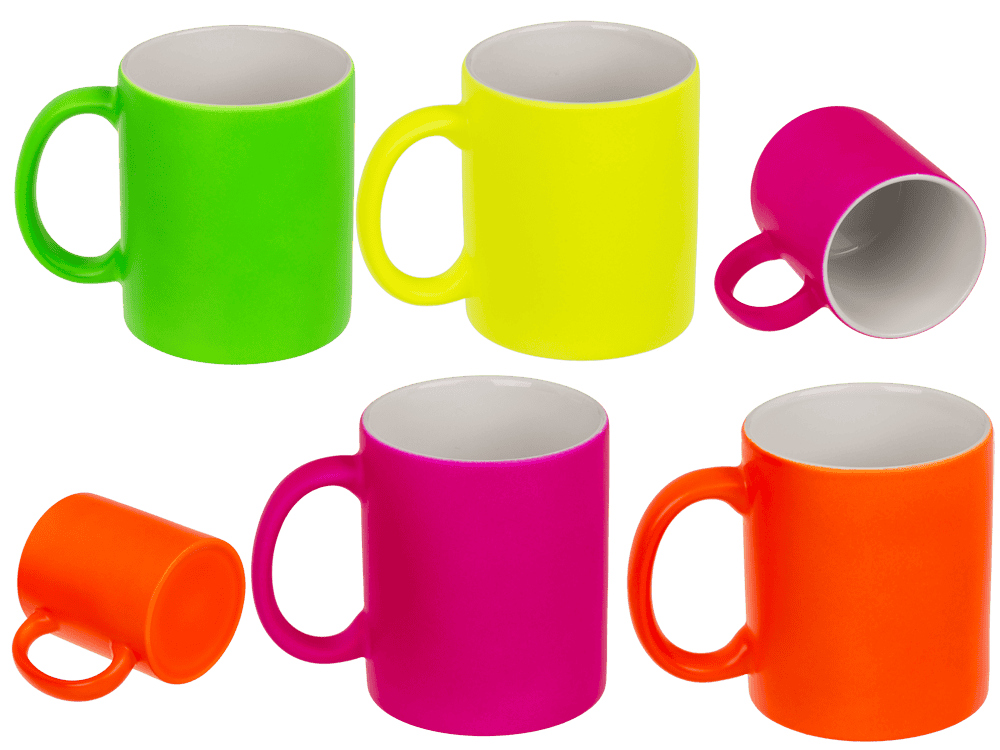 9806_000.png Set van 4 neonkleurige stenen mokken, 9 x 8,5 cm, 350 ml, in groen, geel, roze en oranje.