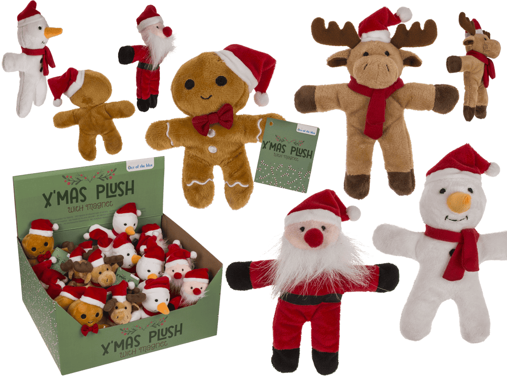 99-6702_000.png Kerstpluche figuren met magneten, 15 cm, in diverse ontwerpen: rendier, sneeuwman, gingerbread man en kerstman.