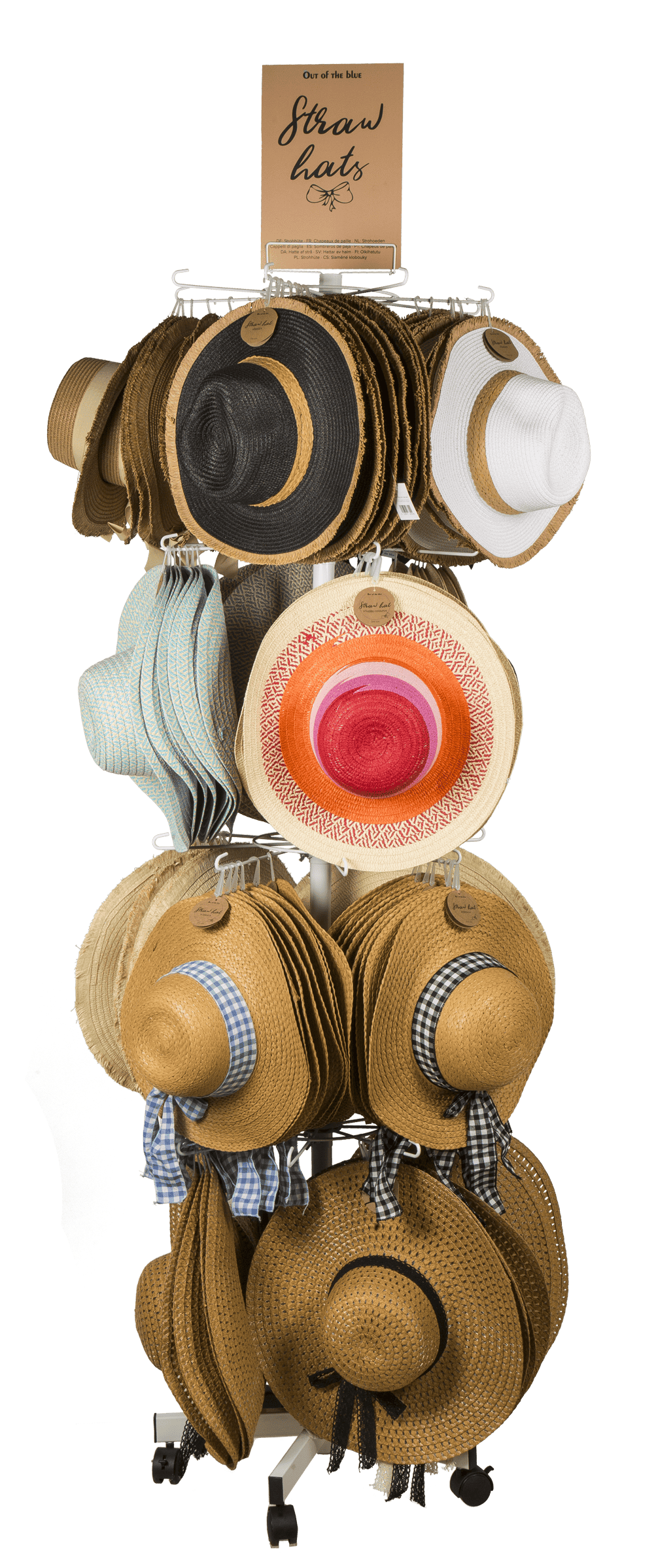 Présentoir au sol rotatif, chapeaux de paille