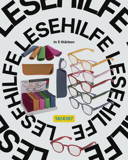 Reading glasses with plastic frame, 5 strengths,
