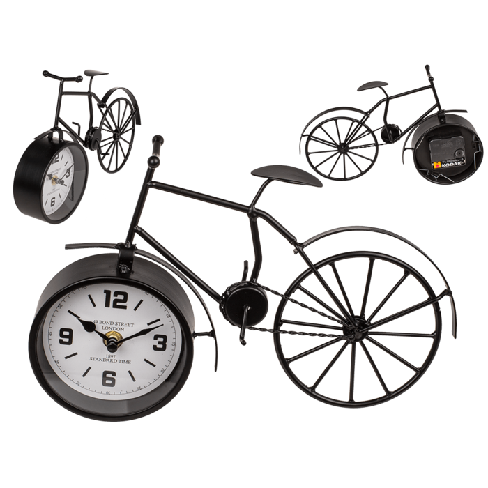 Bicicleta de metal negra con reloj,