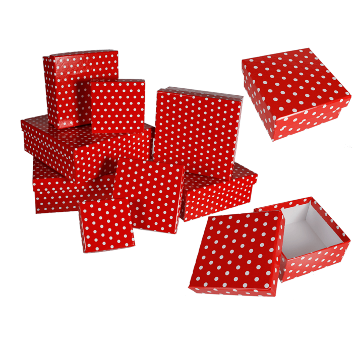 Cajitas de regalo rojas con puntos blancos,
