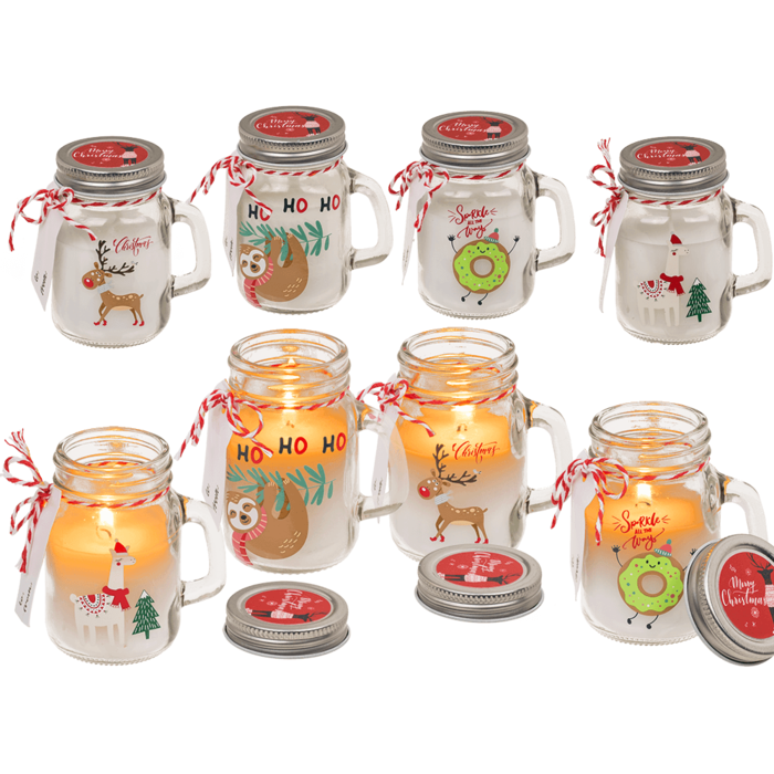 Candle in mason jar, Christmas motifs,