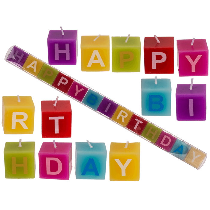 Farbiger Kerzenblock mit Schrift, Happy Birthday,