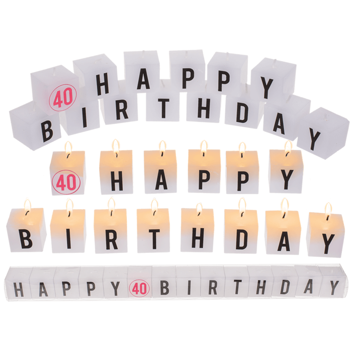 Insieme di candele con scritta, Happy 40 Birthday,