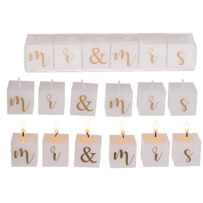 Insieme di candele con scritta, Mr & Mrs.,