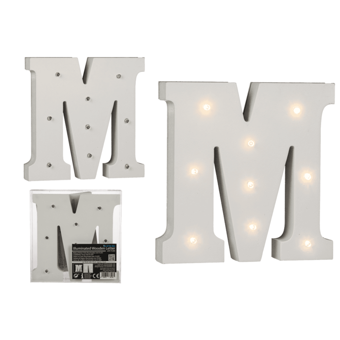 Lettera di legno illuminata M, con 9 LED,