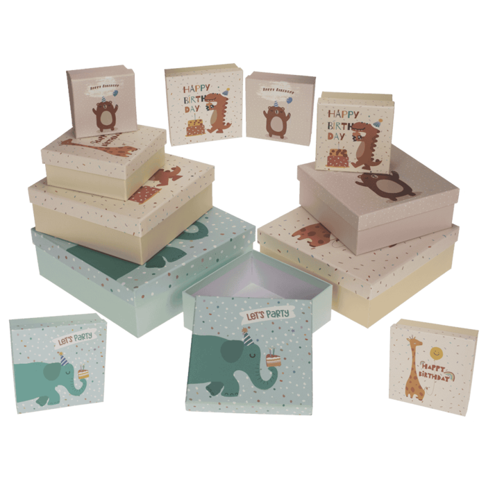 Mehrfarbige Geschenkkartonage, Geburtstags-Tiere,