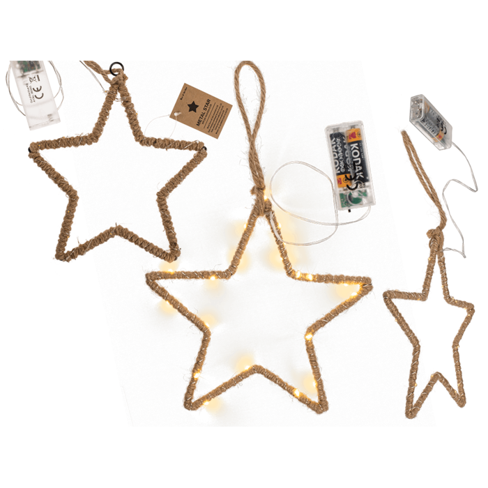 Metal star with jute decoration & LED,