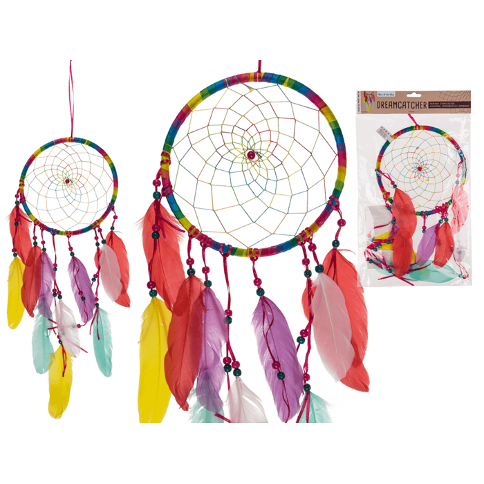 Multicoloured fabric Dreamcatcher, with feather,