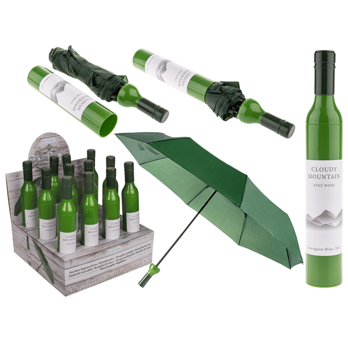 Paraguas de bolsillo, botella de vino blanca,