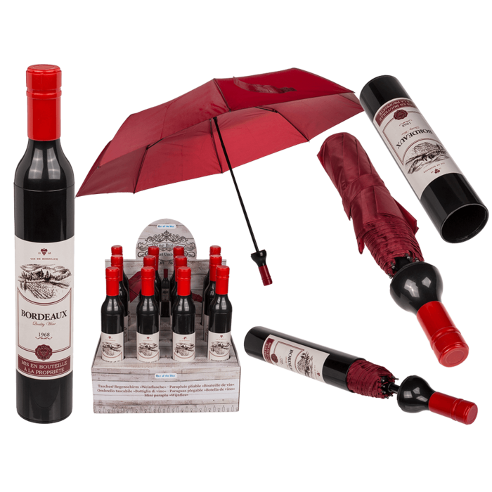 Parapluie pliable, bouteille de vin,