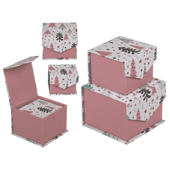 Pink hinged gift box, mint/pink Fir trees,