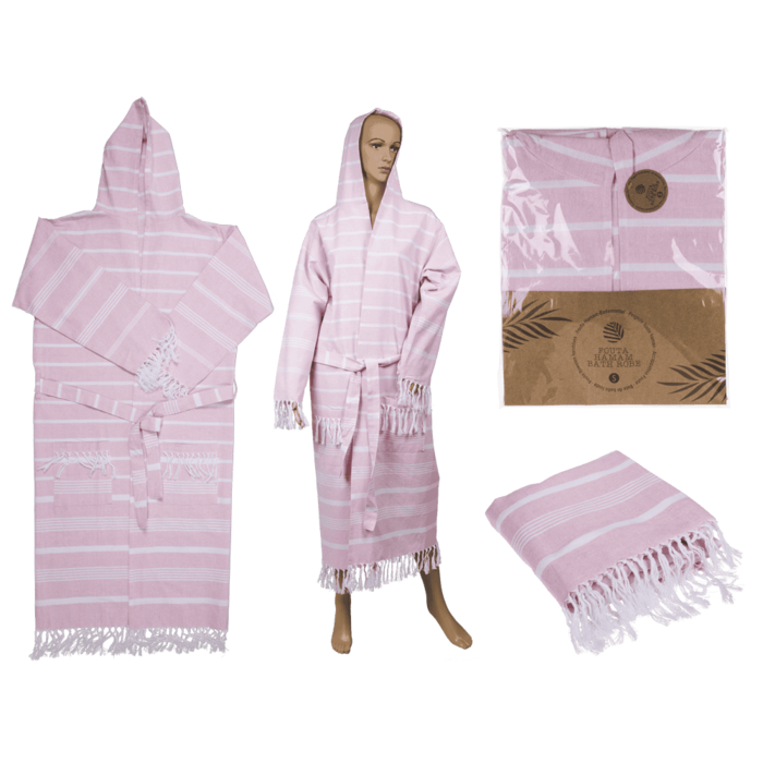 Rose/white colored fouta hamam bath robe,