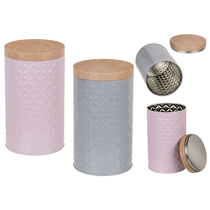 Round tin box with bamboo look cover,
