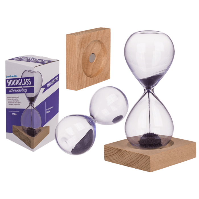Sandglass with purple colored magnetic sand,