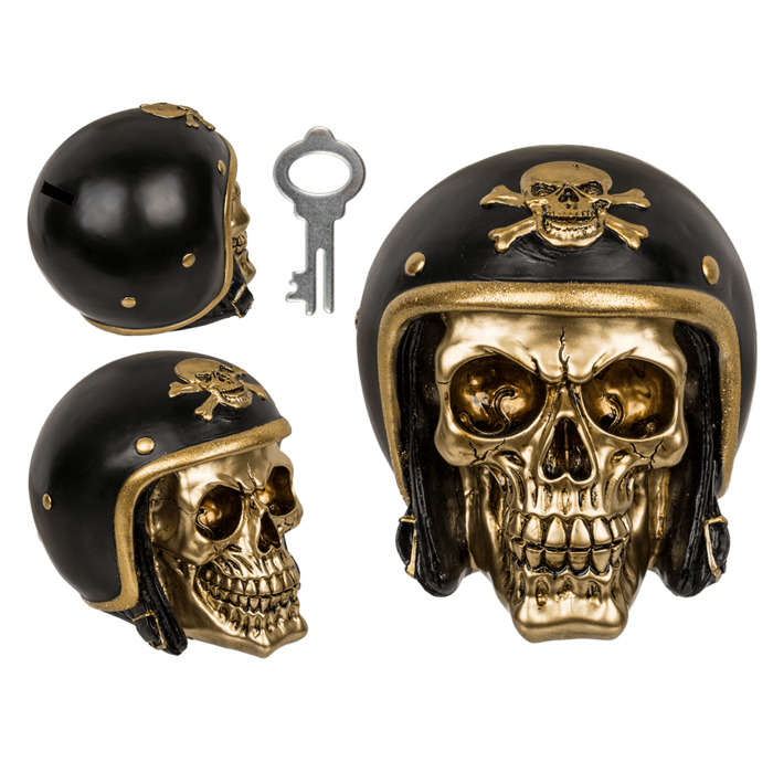 Savings bank with lock, Skull with bike helmet,