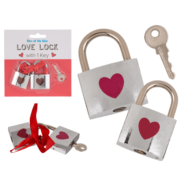 Silver coloured love lock with red heart,