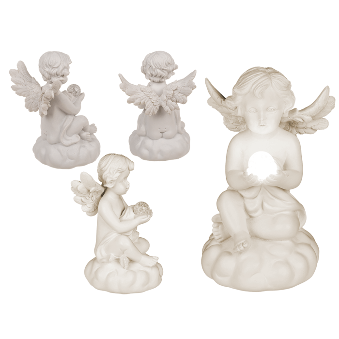Sitting polyresin angel with white LED ball,