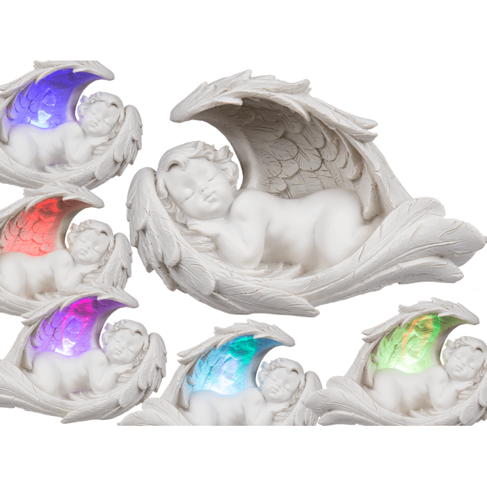 Sleeping polyresin angel in wings with colour,