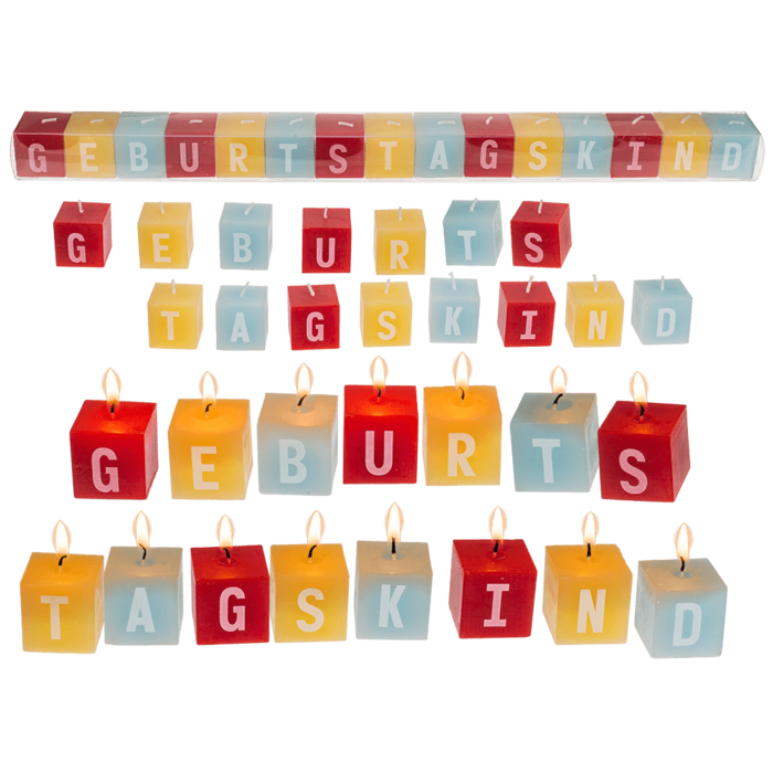 Square candles with letters, Geburtstagskind,