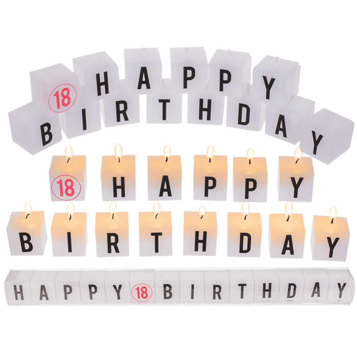 Square candles with letters, Happy 18 Birthday,