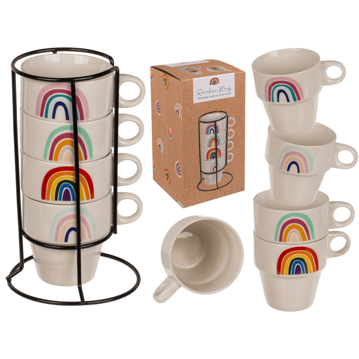 Stackable mugs on metal stand, Rainbow,