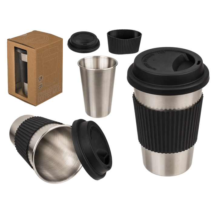 Stainless Steel Coffee Mug, with black silicon