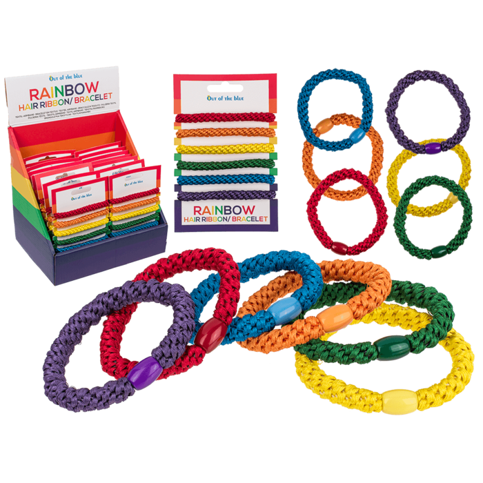 Textile hair ribbon/bracelet, Rainbow colours,