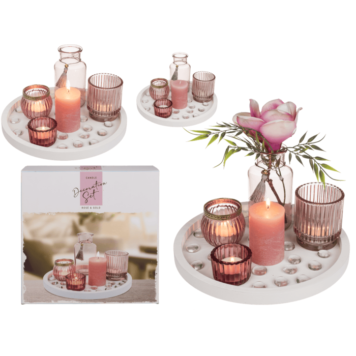 White coloured wooden plate, with pillar candle,
