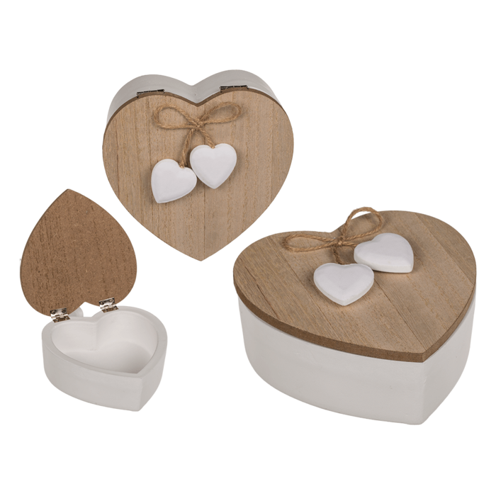 White heart shaped wooden box with wooden