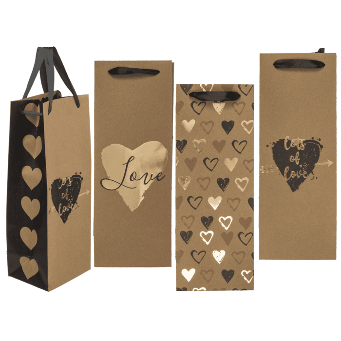 Wine bottle craft paper bag, hearts,