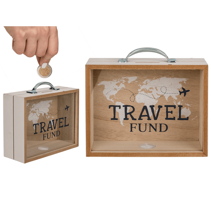 Wooden savings box, Travel Fund,