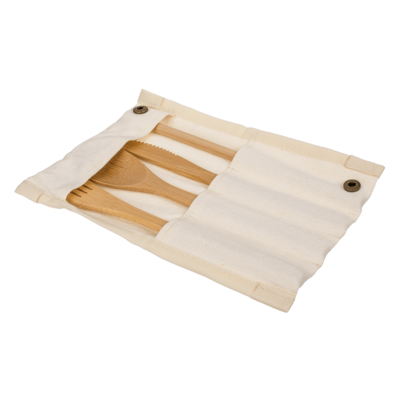 Bamboo Cutlery Set, 4 pcs set in textile pouch,