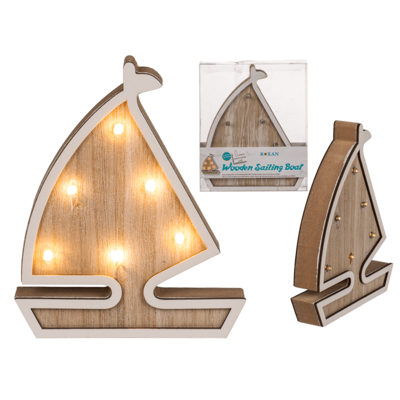 Barca a vela in legno con 6 LED bianco caldo,