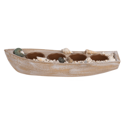 Barca di legno per 4 candele, con cozze e pietre,
