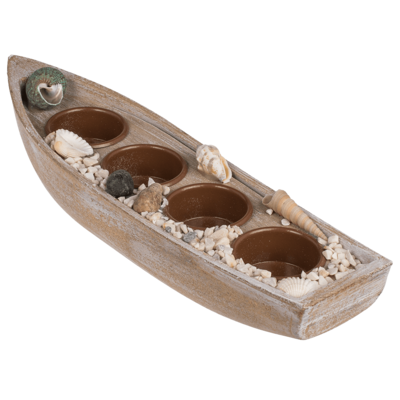 Barca di legno per 4 candele, con cozze e pietre,