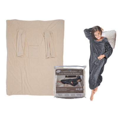 Beige comfort blanket with sleeves & pockets,