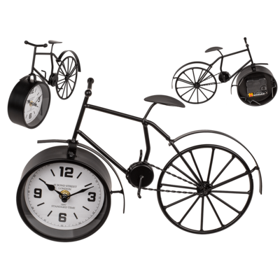Bicicleta de metal negra con reloj,