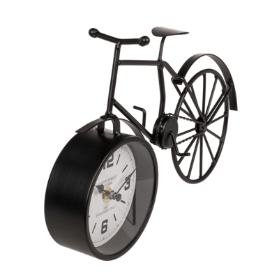 Bicicletta in metallo nero con orologio,
