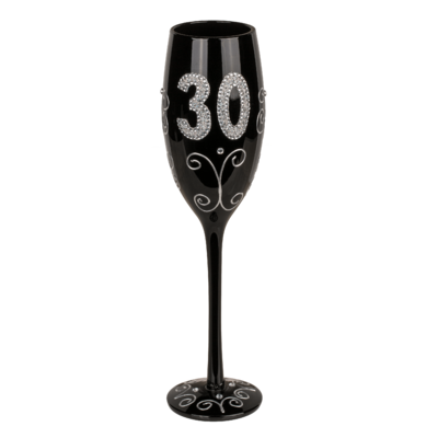 Black champagne glass with silver glitter,