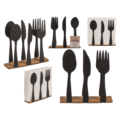 Black metal tissue holder, cutlery, with wooden